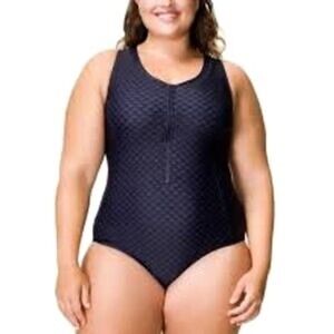 Roots Swimsuit Womens Size 18 Black Geometric Zip Front‎ One Piece Bathing Suit